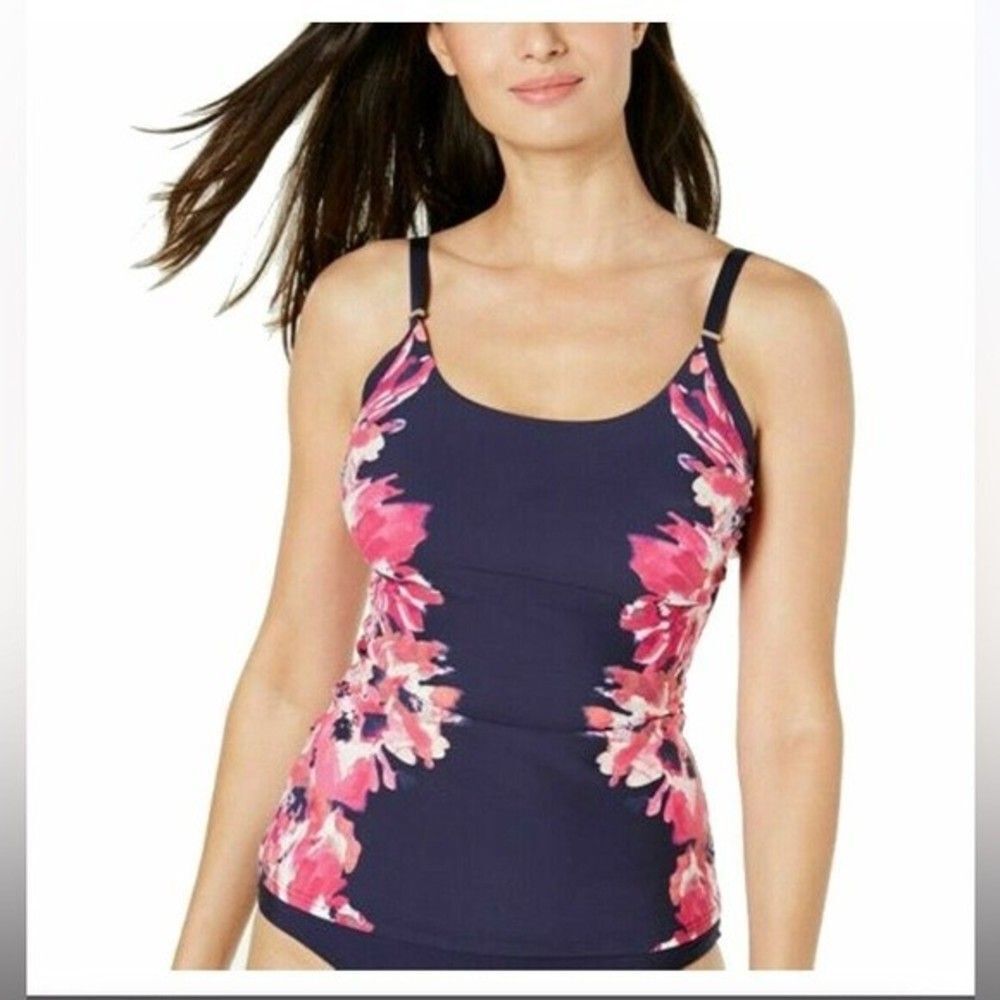 Tankini Swimsuit Top Calvin Klein Women's Blue Floral Stretch Scoop Neck  XS NEW